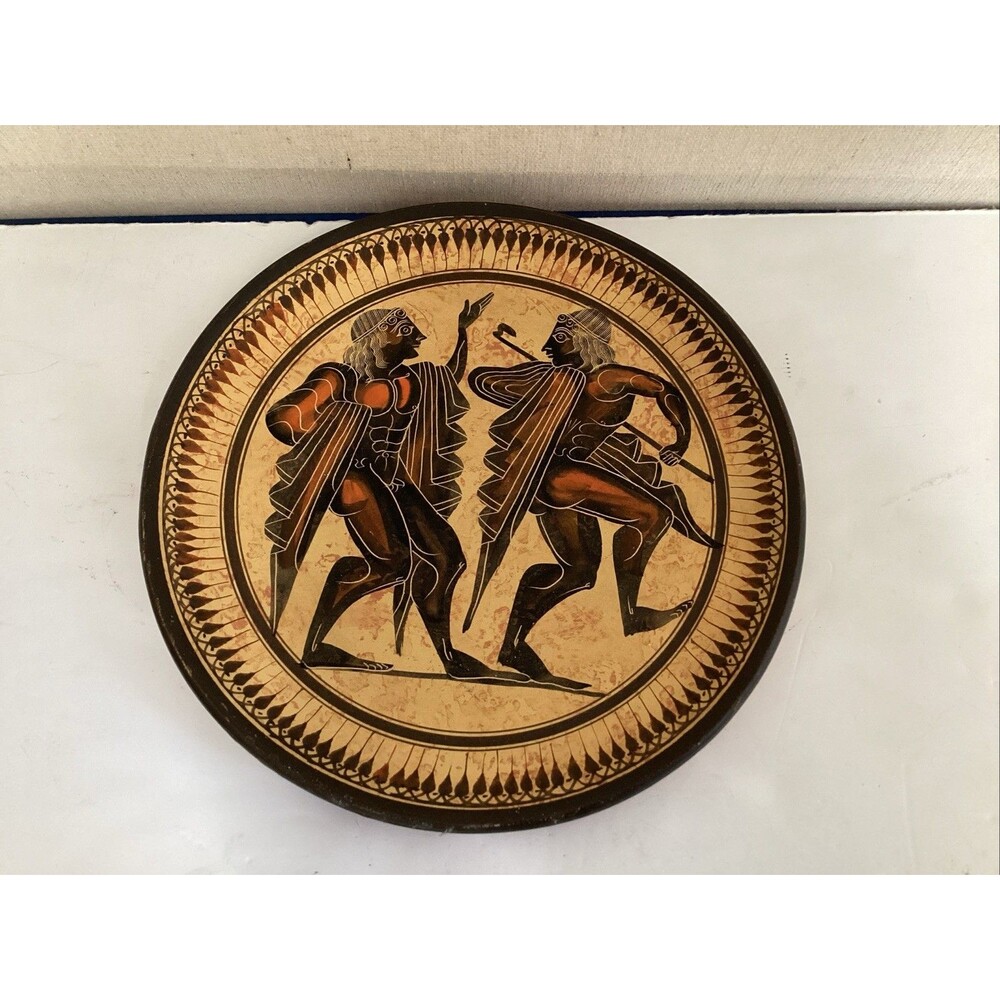 vintage handmade Greek warriors hanging wall plate mythological figures 9”